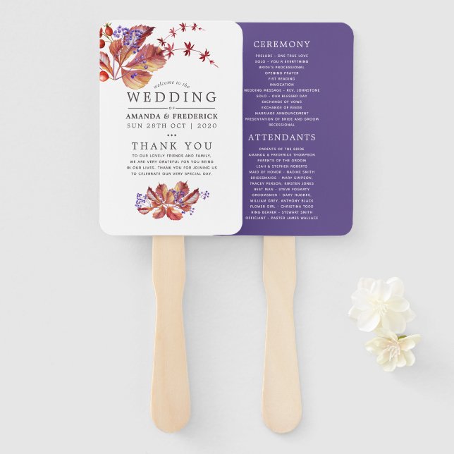 Autumn - Fall Watercolor Wedding Program Hand Fan (Front and Back)