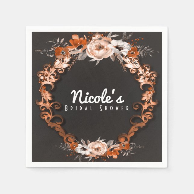 Autumn Fall Wedding Orange Floral Flowers Elegant Napkins (Front)