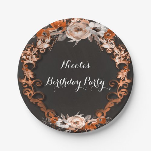 Autumn Fall Wedding Orange Floral Flowers Elegant Paper Plates