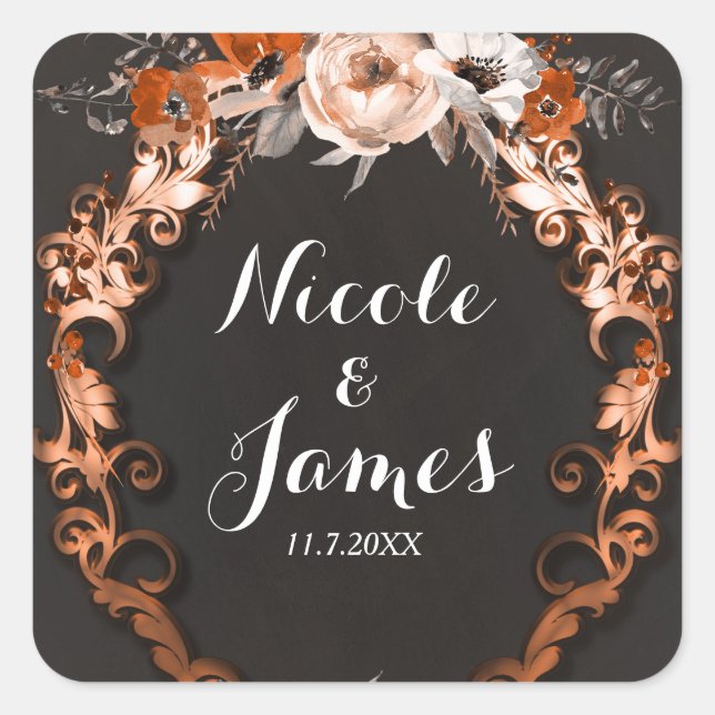 Autumn Fall Wedding Orange Floral Flowers Favor Square Sticker (Front)