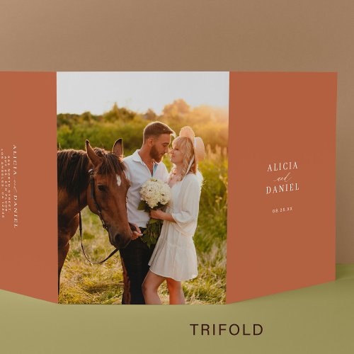 Autumn fall wedding photo RSVP details QR code  Tri_Fold Invitation