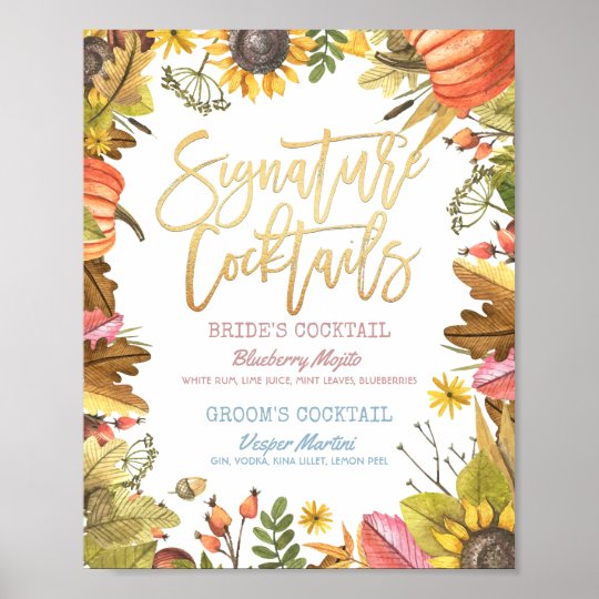 Autumn Fall Wedding Signature Cocktail Drink Menu Poster Zazzle Com