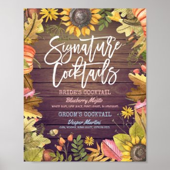 Autumn Fall Wedding Signature Cocktail Drink Menu Poster by ReadyCardCard at Zazzle