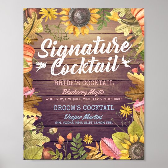 Autumn Fall Wedding Signature Cocktail Drink Menu Poster Zazzle Com