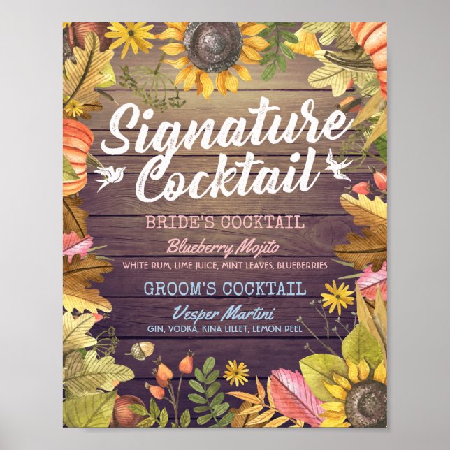 Autumn Fall Wedding Signature Cocktail Drink Menu Poster (Front)
