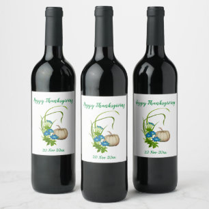 Autumn Fall White Pumpkin Floral Thanksgiving Wine Label