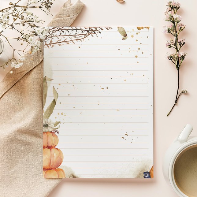 Autumn / Fall with pumpkins and leaves lined Notepad (Elegant gold botanical lined notepad with minimalist design and modern charm.)