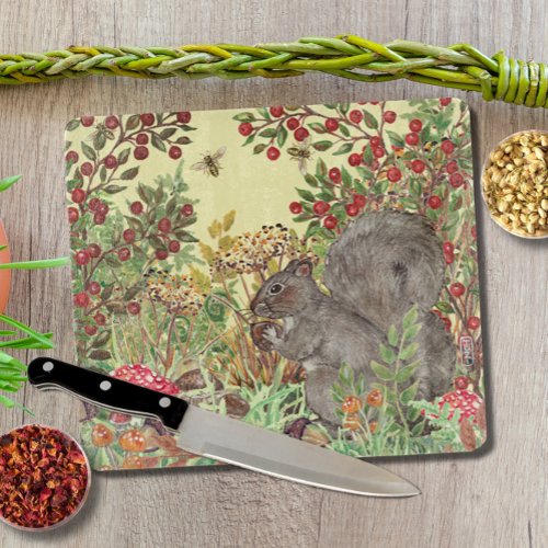 Autumn Fall Woodland Squirrel Leaves Rustic Yellow Cutting Board