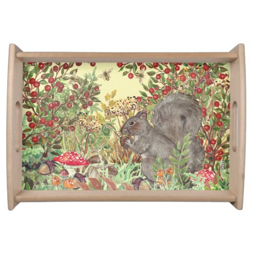 Autumn Fall Woodland Squirrel Leaves Rustic Yellow Serving Tray