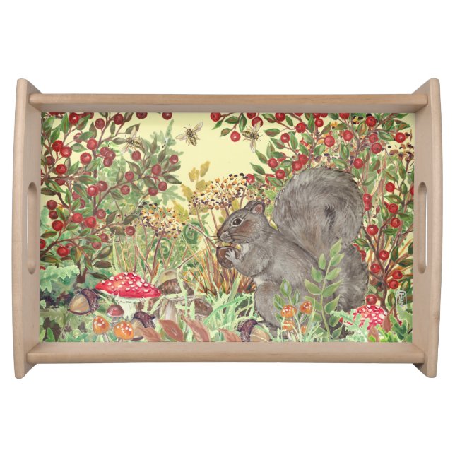 Autumn Fall Woodland Squirrel Leaves Rustic Yellow Serving Tray (Front)