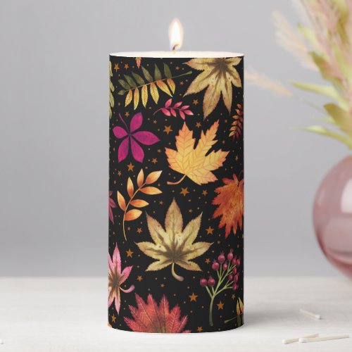 Autumn Fallen Leaves on Black Pillar Candle