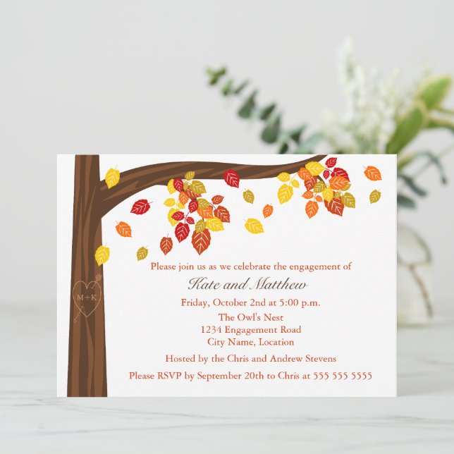 Autumn Falling Leaves Engagement Party Invitation (Standing Front)