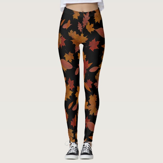 Autumn Falling Leaves on Custom Black Leggings (Front)