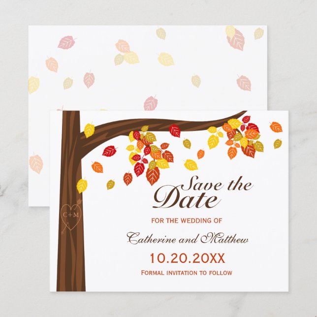 Autumn Falling Leaves Wedding Save The Date Announcement Postcard (Front/Back)