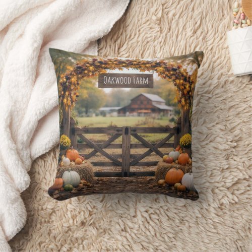 Autumn Farm Gate with Arch Throw Pillow