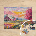 Autumn Farm Landscape Modern Abstract Art Jigsaw Puzzle<br><div class="desc">A vibrant modern abstract landscape painting of a farmhouse in autumn, featuring warm hues of orange, pink, and gold with expressive abstract brushstrokes. The dynamic composition captures the beauty of fall, evoking the serenity of a countryside scene. The bold colors and fluid brushwork create a sense of movement and energy,...</div>