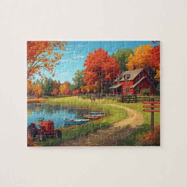 Autumn Farm Pond Red House Tractor Scene Jigsaw Puzzle (Horizontal)