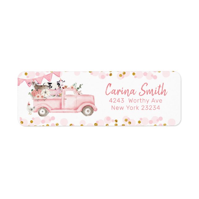 Autumn Farm Pumpkin Pink Truck Drive By Birthday Label (Front)