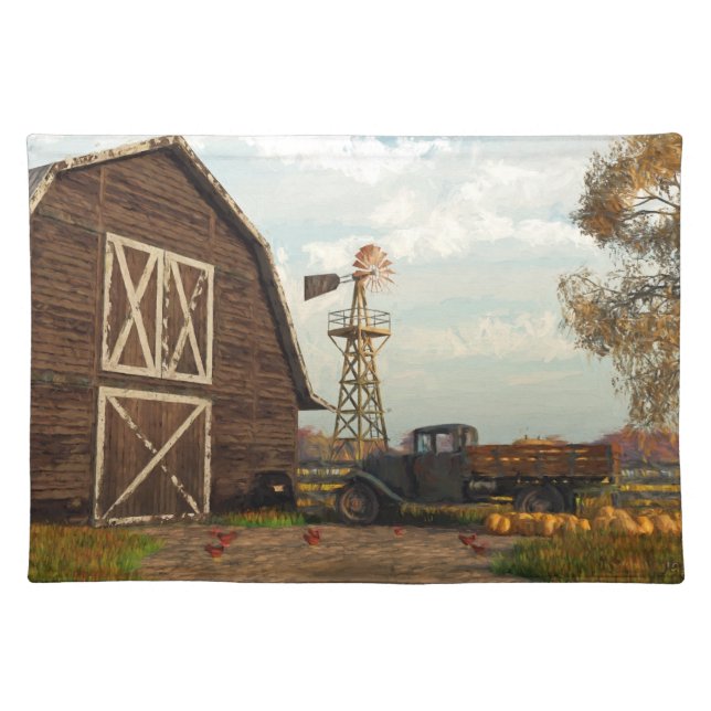 Autumn Farm Scene Print Cloth Placemat (Front)