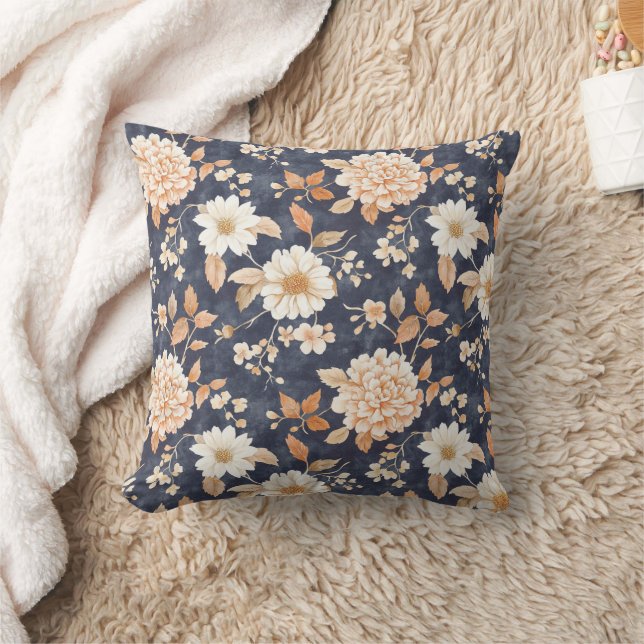 Autumn Farmhouse Fall Throw Blue Floral Pillow (Blanket)