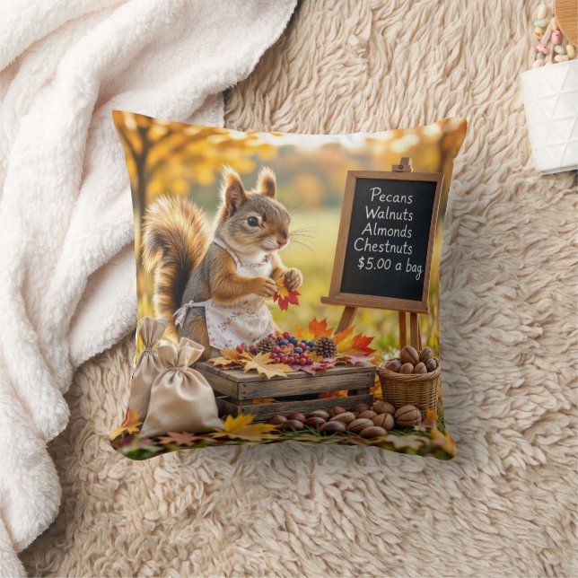 Autumn Farmstand With a Squirrel  Throw Pillow (Blanket)