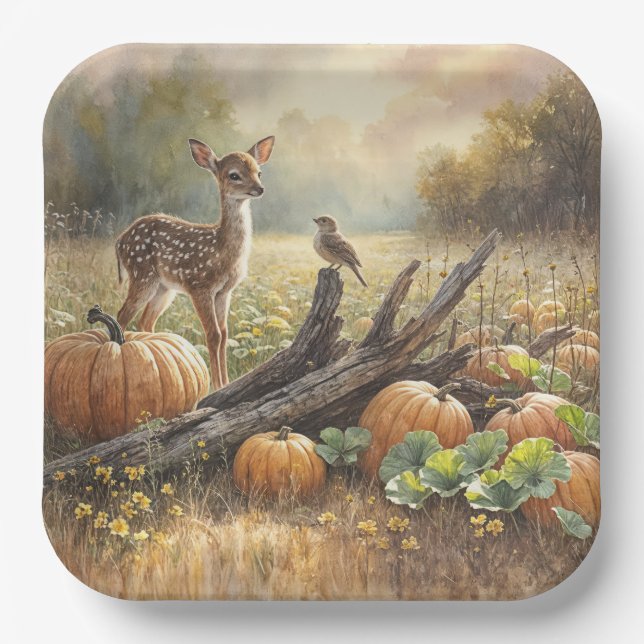 Autumn Fawn In a Pumpkin Patch Paper Plates (Front)