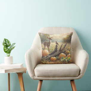 Autumn Fawn In a Pumpkin Patch Throw Pillow