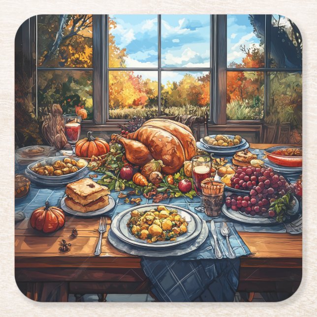 Autumn Feast: A Thanksgiving Celebration Square Paper Coaster (Front)