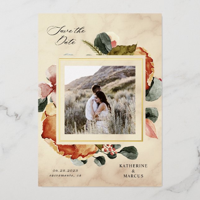 autumn feel elegant floral save the date foil invitation (Front)