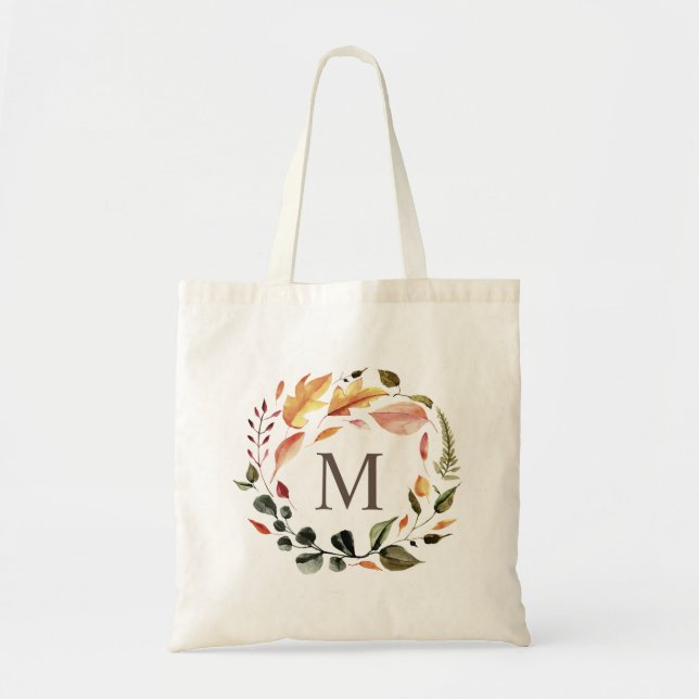 autumn feel floral wreath monogram tote bag (Front)