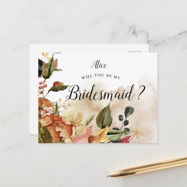 autumn feel foilage bridesmaid Invitation Postcard (Front/Back In Situ)