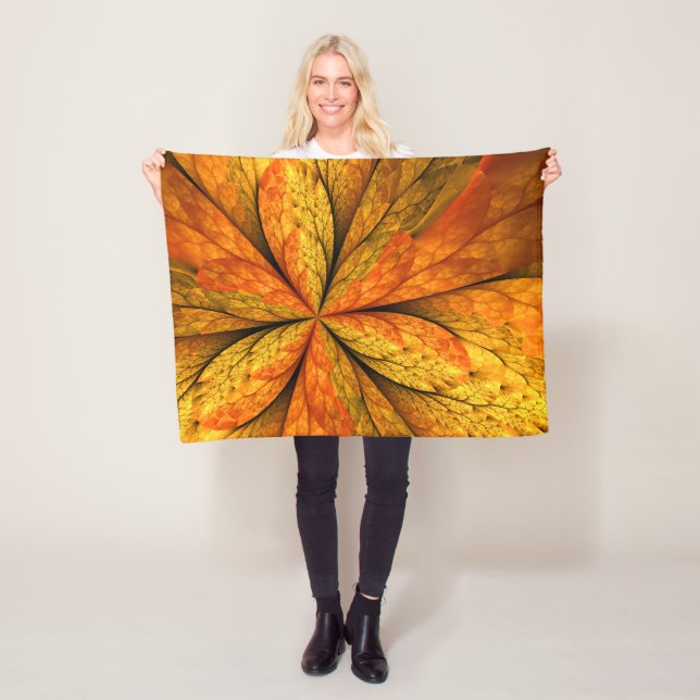 Autumn Feeling, Modern Abstract Fractal Flower Fleece Blanket (In Situ)