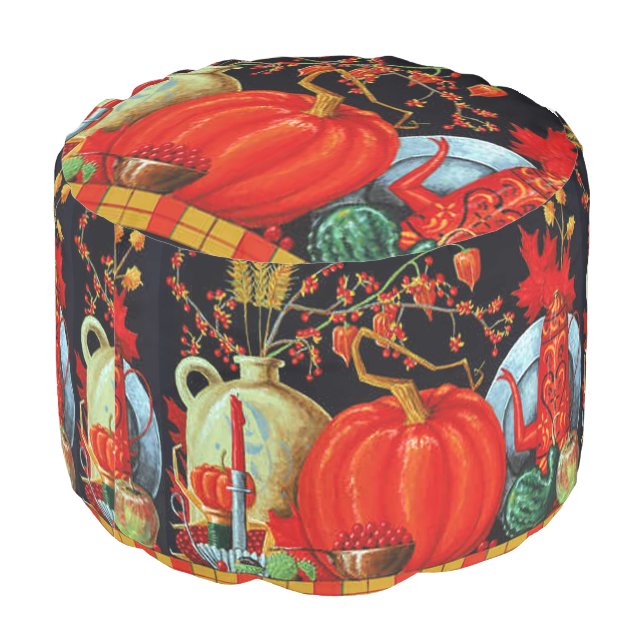 Autumn Festive Antique Painting Pumpkin Decoration Pouf (Angled Back)