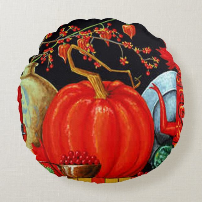 Autumn Festive Antique Painting Pumpkin Decoration Round Pillow (Front)