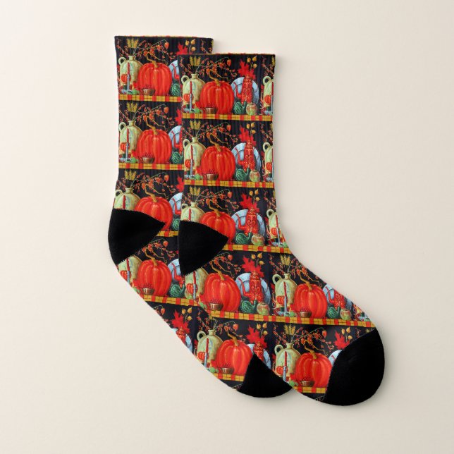 Autumn Festive Antique Painting Pumpkin Decoration Socks (Pair)