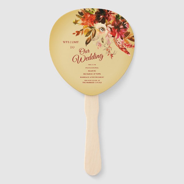 Autumn Floral Aged Gold Wedding Program Hand Fan (Front)
