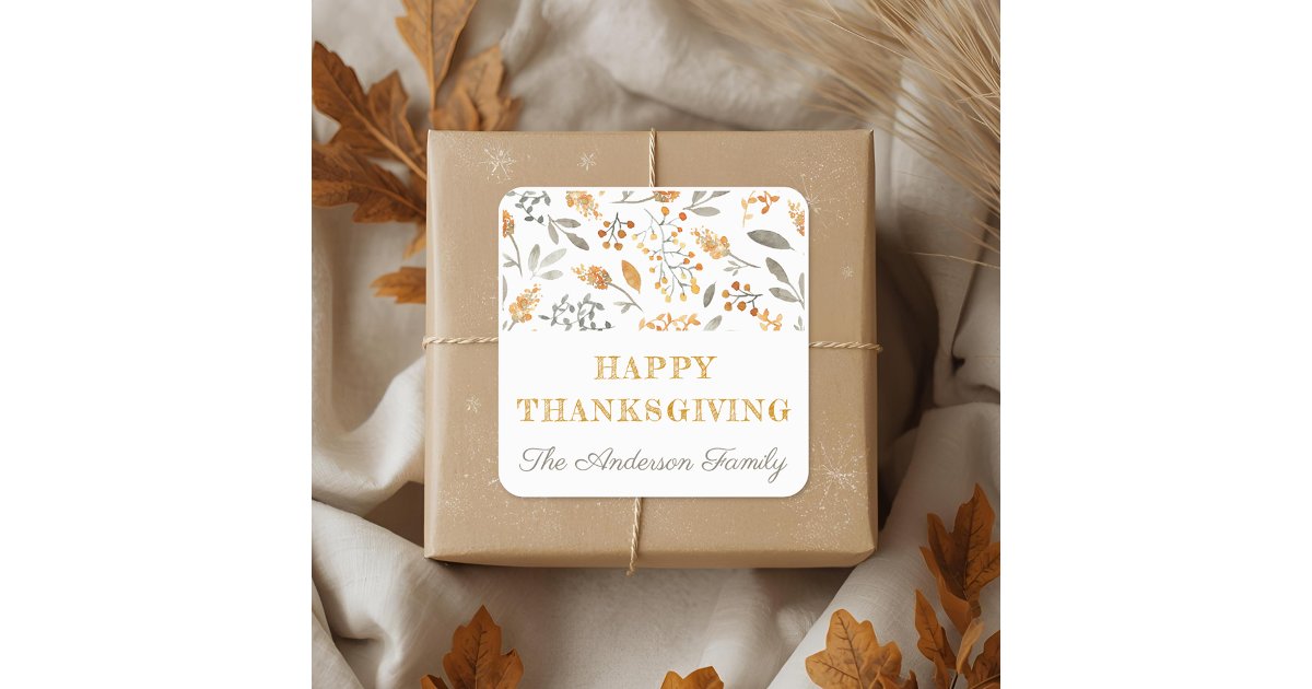 Autumn Floral and Berries Happy Thanksgiving Square Sticker | Zazzle