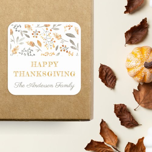 Autumn Floral and Berries Happy Thanksgiving Square Sticker