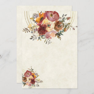 Autumn floral and gold blank wedding invitation