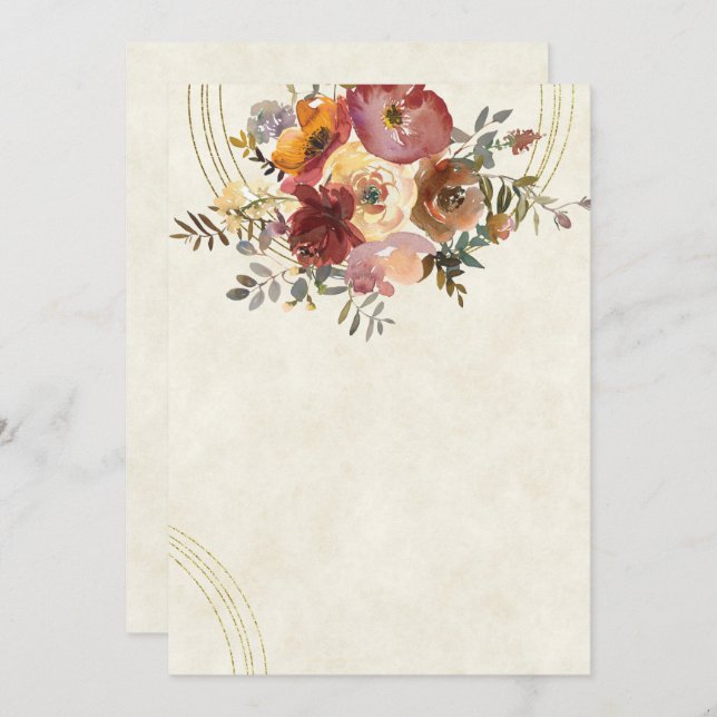 Autumn floral and gold blank wedding invitation (Front/Back)