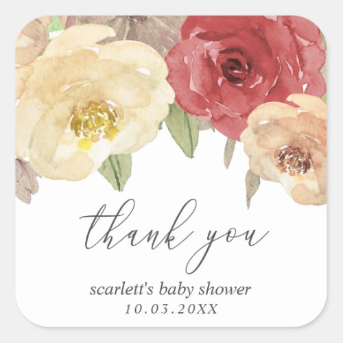 Autumn Floral Baby Shower Favor Thank You Square Sticker