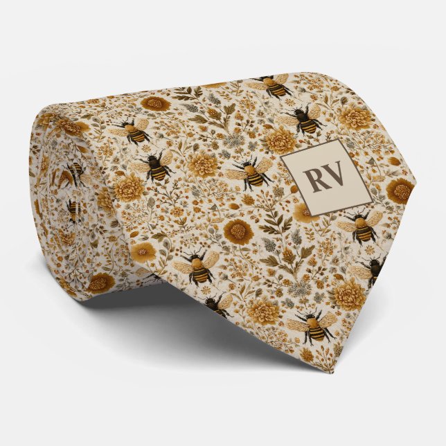 Autumn Floral Bee Personalized Neck Tie (Rolled)