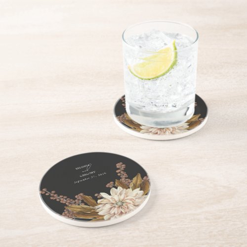 Autumn Floral Black Watercolor Fall Wedding Coaster