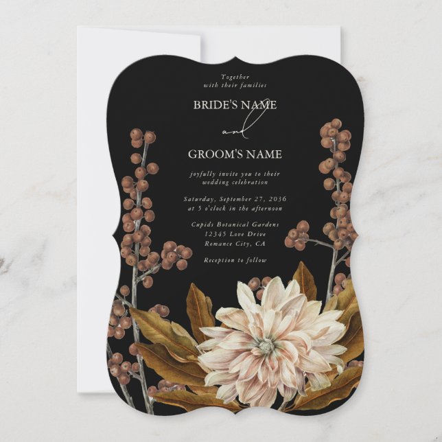 Autumn Floral Black Watercolor Fall Wedding Invitation (Front)