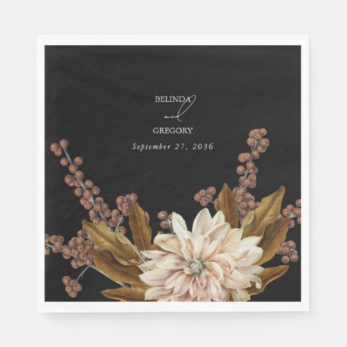 Autumn Floral Black Watercolor Fall Wedding Napkins