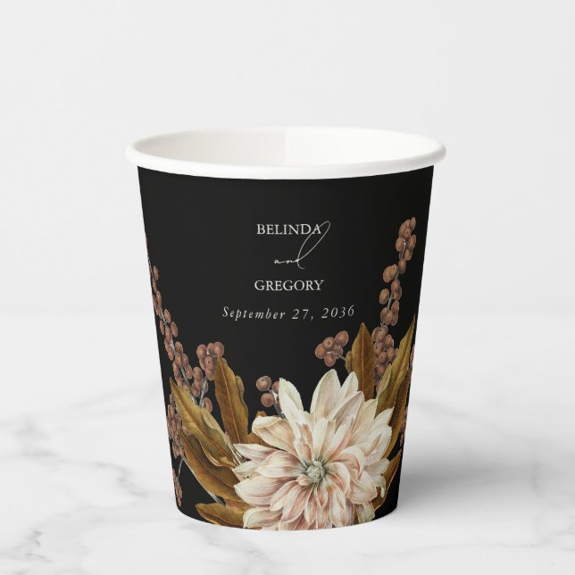 Autumn Floral Black Watercolor Fall Wedding Paper Cups (Left)