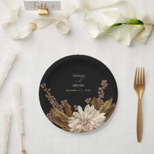 Autumn Floral Black Watercolor Fall Wedding Paper Plates