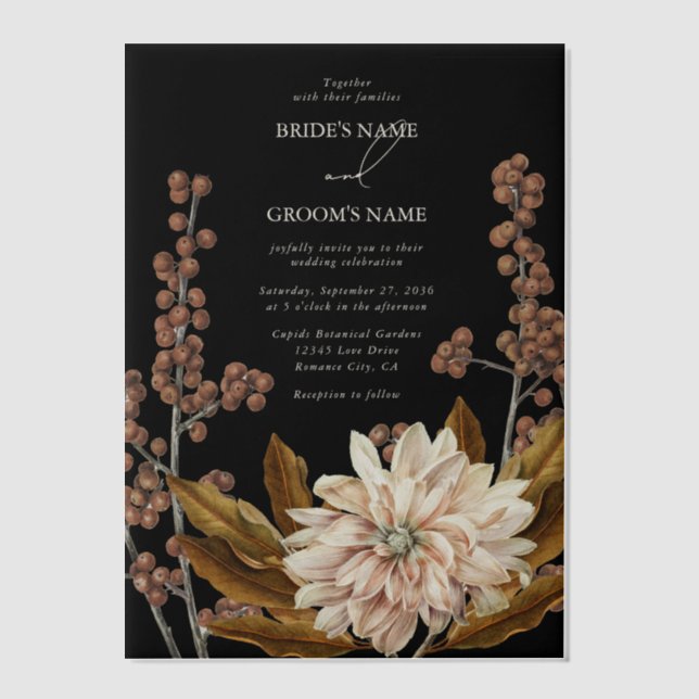Autumn Floral Black Watercolor Fall Wedding Vellum Invitations (Front)