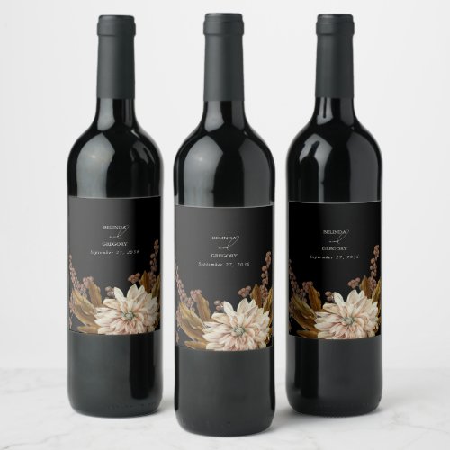 Autumn Floral Black Watercolor Fall Wedding Wine Label