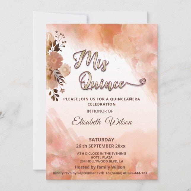 Autumn floral blushed cantaloupe watercolor quince invitation (Front)